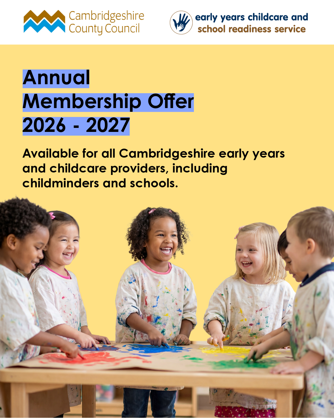 Photograph showing five young children wearing paint-splattered smocks gathered around a table engaged in a colourful painting activity. Text above highlights an annual membership offer for 2026-2027