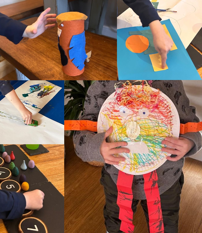 A collage of five photographs showing various children's craft and learning activities, including a felt bird sculpture, paper shape arrangement on blue construction paper, paint spreading on white paper, numbered cone stacking game, and a colorful paper plate mask with red paper strips. Each activity highlights hands-on creativity, use of bright colors, and development of fine motor skills through different materials and textures.