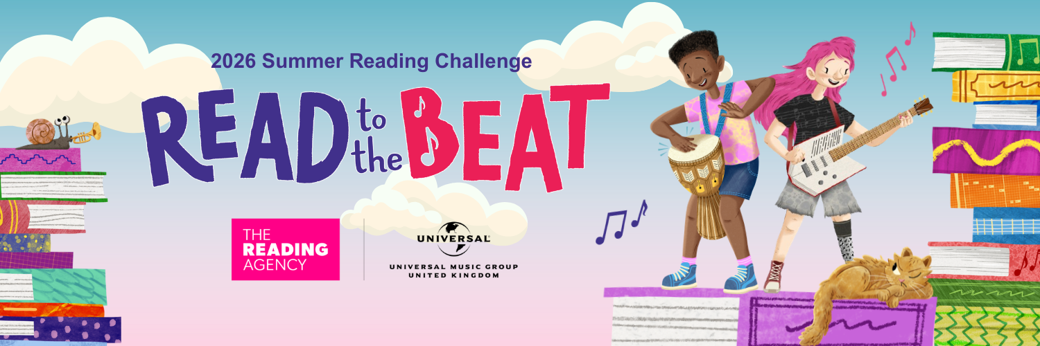 Image shows characters from this year's challenge playing various instruments, surrounded by stacks of books. Text reads '2026 Summer Reading Challenge, Read to the Beat' with the Reading Agency and Universal Music Group logos.