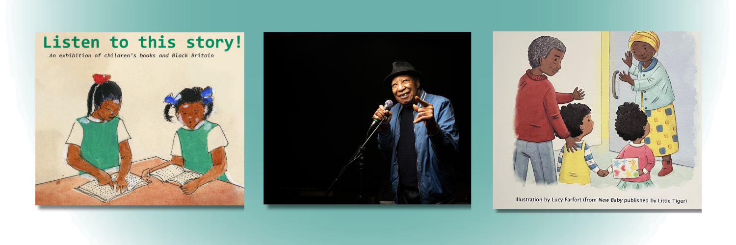 Images of illustrations from the exhibitions, including two young black girls reading a book