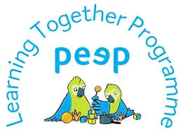 Illustrated logo for “Learning Together Programme” featuring blue text and two colourful cartoon birds. Birds sit beside small learning materials beneath “Peep,” conveying a child-focused educational partnership.