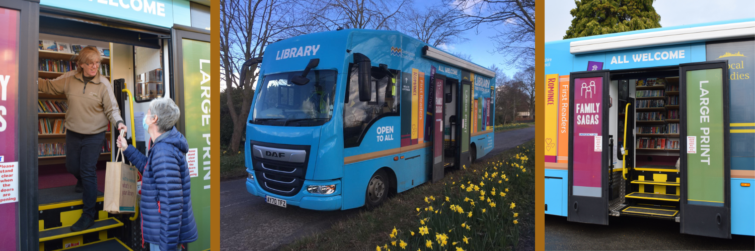 Shows three images of one of our mobile libraries, one of the front, one of a staff member leaning out the door handing a customer a bag of books, and another of the doors to the mobile library opening.