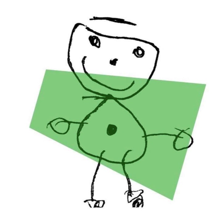 Childlike hand-drawn cartoon drawing shows a smiling figure with round head, oval body, stick arms, legs, and uneven feet. Bright green tilted rectangle forms background, while black outlines, facial features, and simple limb details create playful artwork.