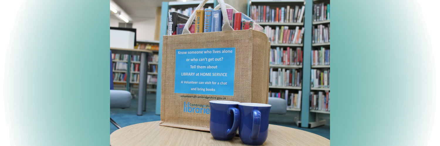 Library at Home bag and two blue mugs