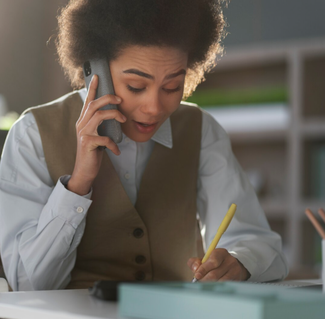 Photograph showing a person taking notes with yellow pencil while speaking on a smartphone at a desk. Warm indoor lighting, white shirt, brown vest, curly hair, teal box foreground, blurred shelving background.