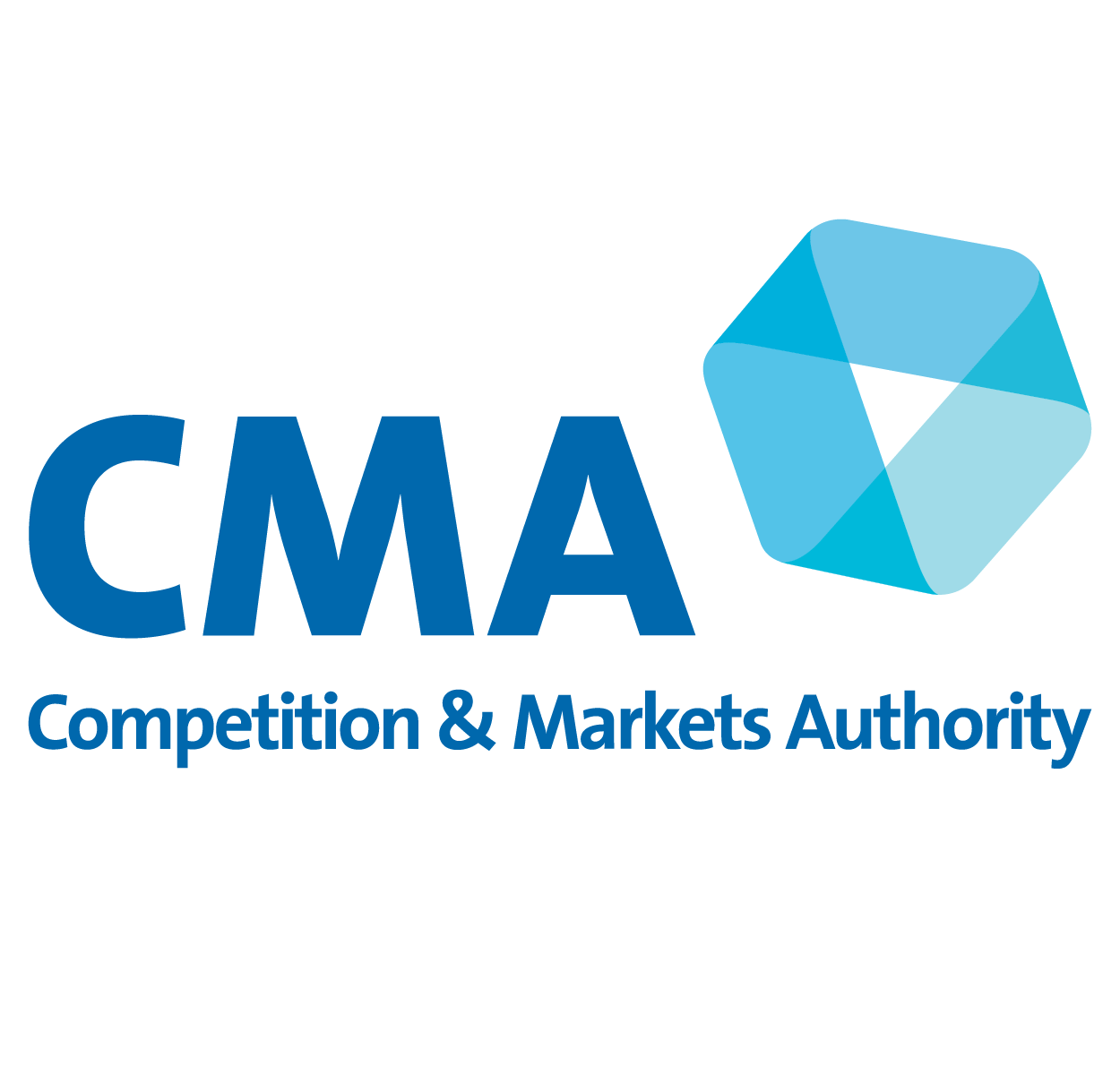 Logo graphic for CMA, Competition & Markets Authority, showing bold blue “CMA” lettering beside a geometric turquoise symbol. Subtitle identifies organization’s focus on competition and markets.