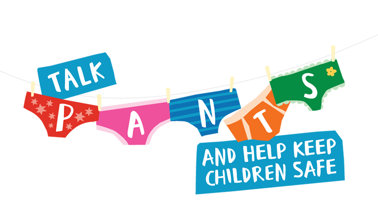 Illustration of colorful children’s underwear hanging on a clothesline with letters on each pair spelling out "TALK PANTS" and a sign below reading "AND HELP KEEP CHILDREN SAFE."