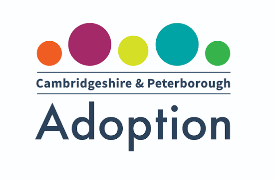 Logo graphic for Cambridgeshire & Peterborough Adoption services. Five coloured circles—orange, purple, yellow, teal, and green—appear above underlined organization name and large “Adoption” text.