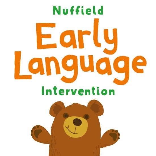 Logo design featuring text "Nuffield Early Language Intervention" in green and orange above a smiling brown bear with raised arms.