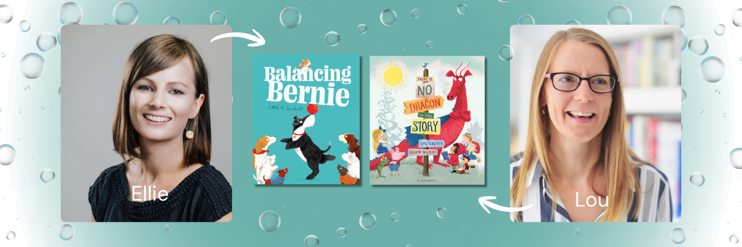Picture shows two images of the authors listed below with their respective book covers, with floating bubbles in the background