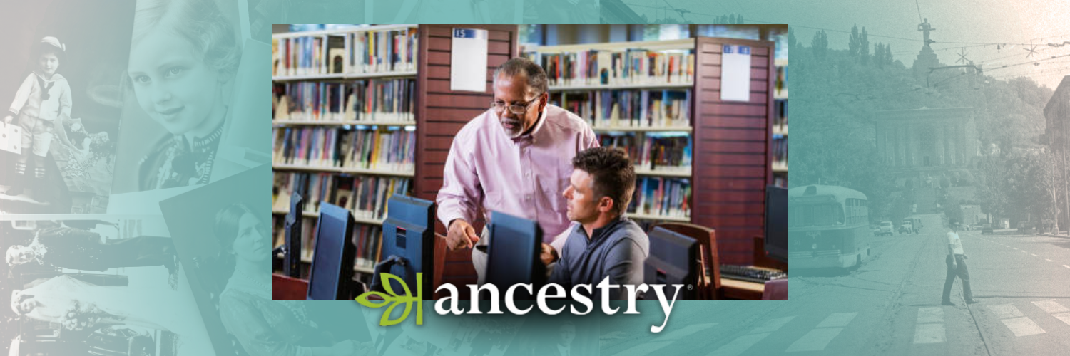 Image of man helping younger man on a computer with black and white photographs in the background, ancestry logo