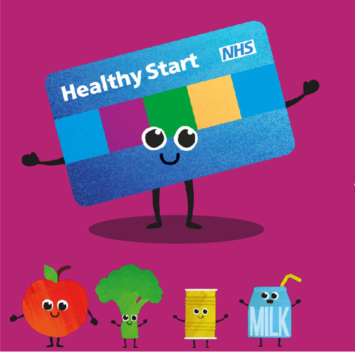 Healthy Start card mascot and other foodstuff cartoon characters
