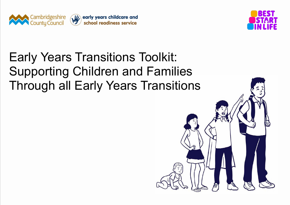 Presentation slide titled "Early Years Transitions Toolkit: Supporting Children and Families Through all Early Years Transitions," featuring logos of Cambridgeshire County Council, early years childcare and school readiness service, and Best Start in Life. Illustration shows four stages of child growth from crawling baby to school-aged child carrying a backpack, emphasizing developmental transitions.