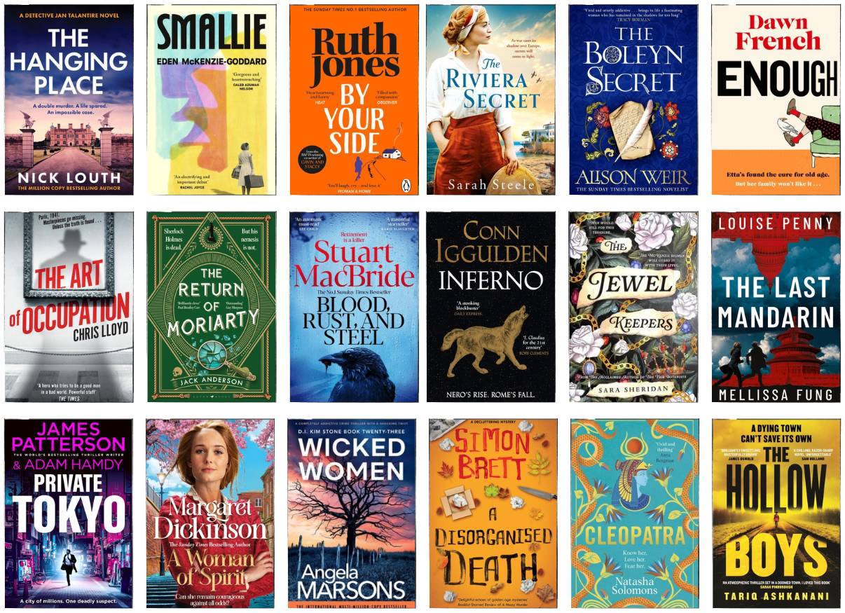 Image shows the covers of the eighteen titles listed below