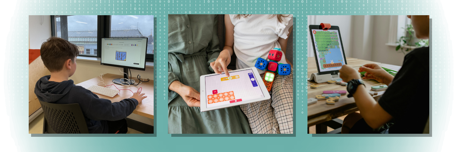 Shows three images of children and adults using various devices to do some coding