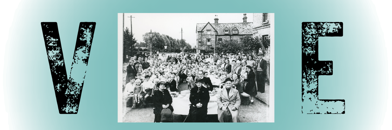 The letters VE with a black and white photo of people on the first VE Day