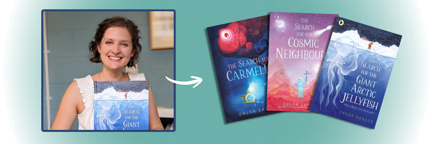 Image shows a picture of Chloe smiling at the camera next to a display of three book covers of titles she's written.