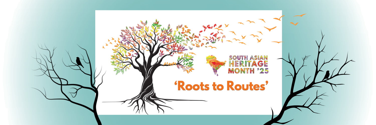 South Asian Heritage Month Logo, tree with orange leaves, Roots to Routes