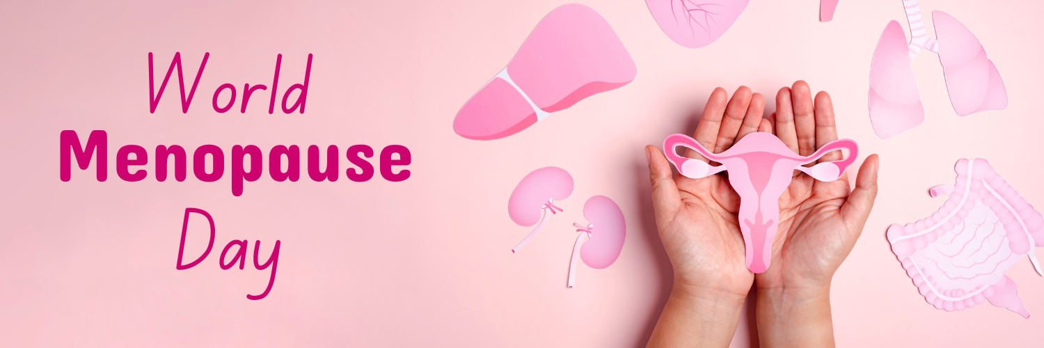 World menopause day, image of two hands cradling a drawing of a pair of ovaries