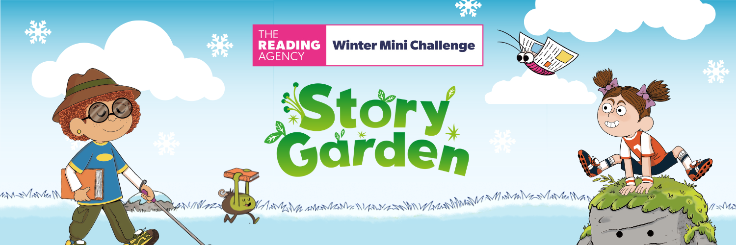 Images of the Reading Agency and Story Garden logos, with various characters from the Summer Reading Challenge playing amongst an icy , winter backdrop with frosted grass and snowflakes falling.