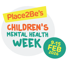 Logo for Place2Be's Children's Mental Health Week, featuring colourful text in orange, teal, and yellow with dates "9-15 FEB 2026" highlighted in a teal circle. Design uses playful fonts and bright colours to promote awareness and support for children's mental health.