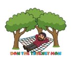 A cartoon of a person lying in a hammock under trees