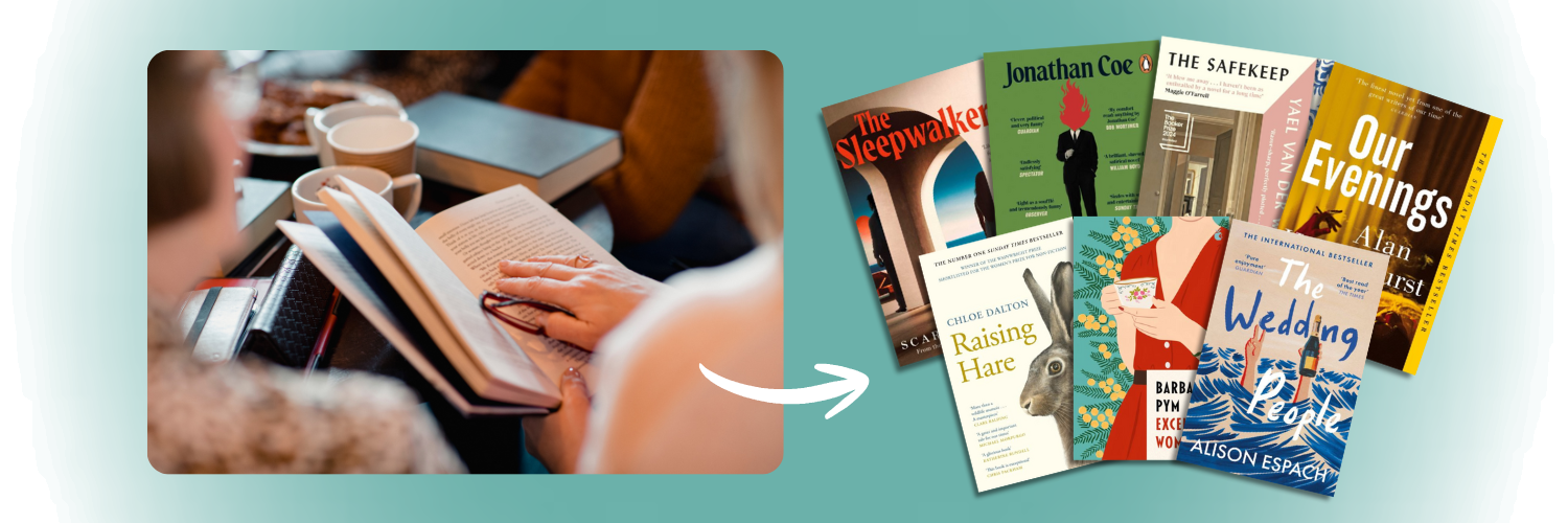 Image of people sat around a table reading and drinking tea with all the covers of the titles listed below.