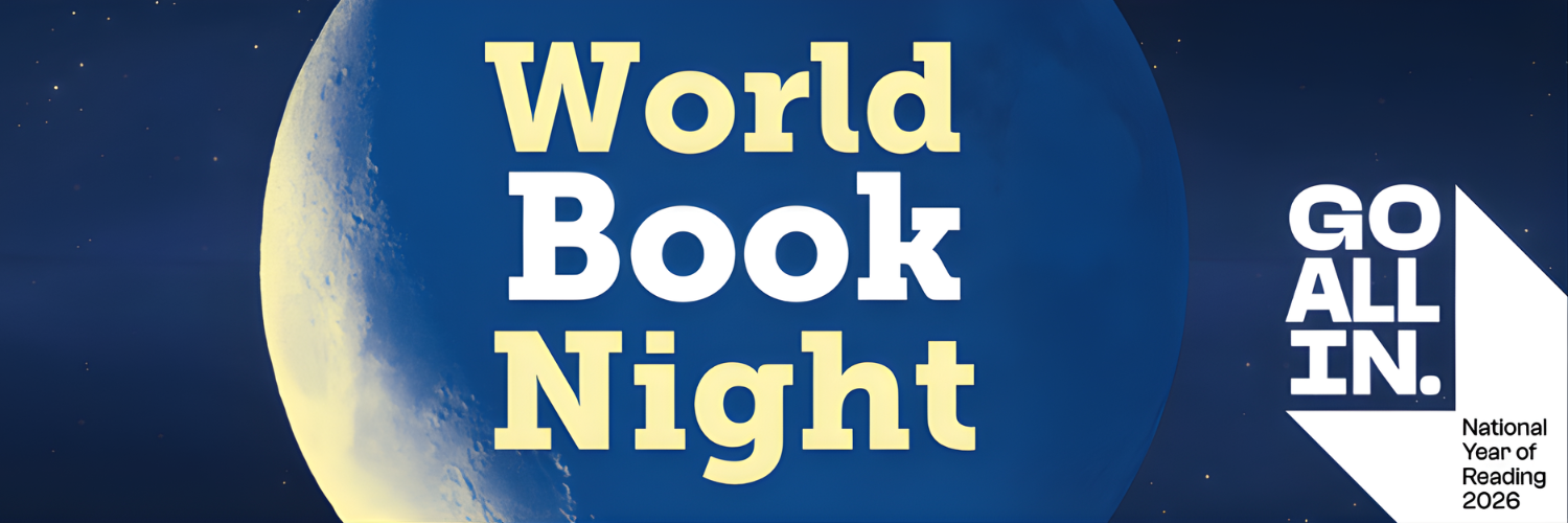 Image shows a moon in the night sky displaying the words 'World Book Night' next to the National Year of Reading logo