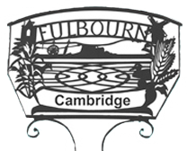 Fulbourn Parish Council village sign, featuring, decorative foliage, and architectural motifs in detailed black-and-white linework.