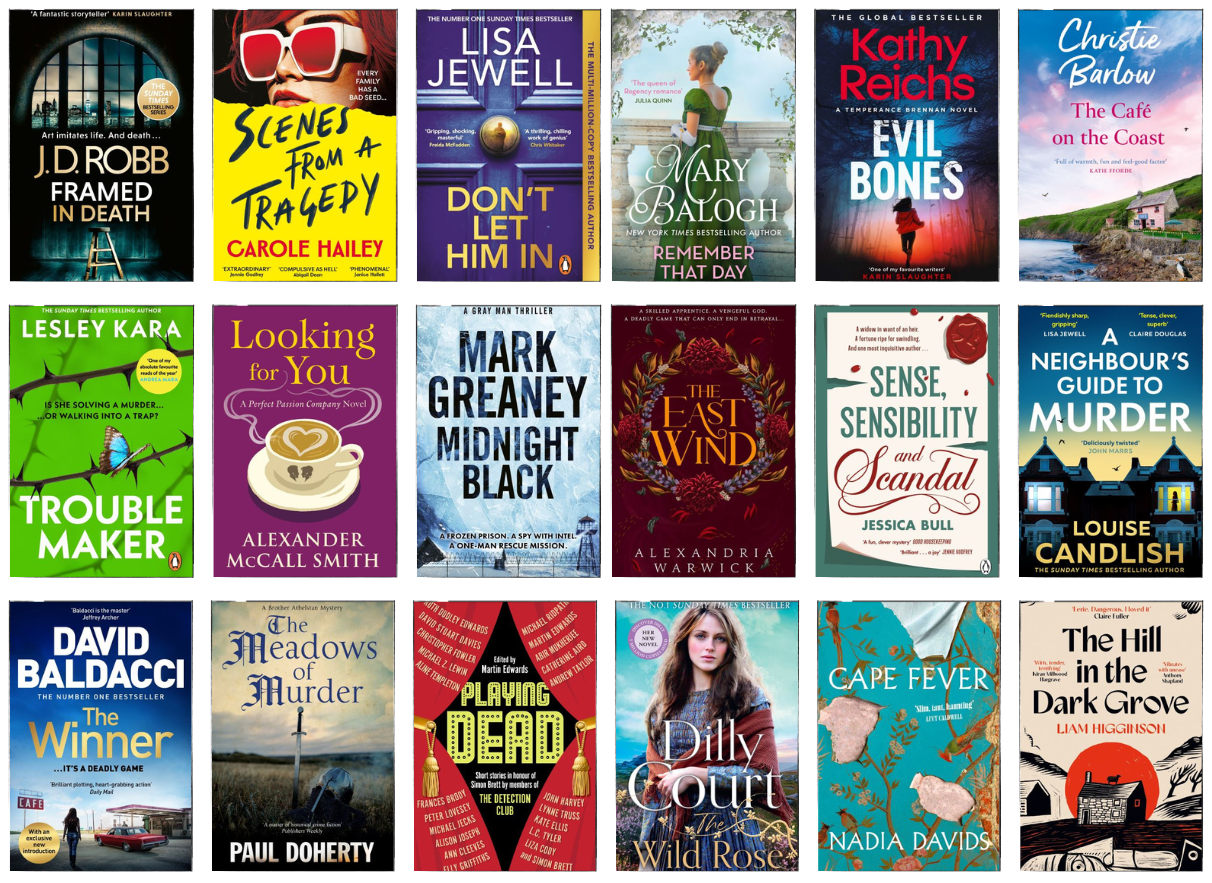 Shows the covers of the eighteen titles listed below