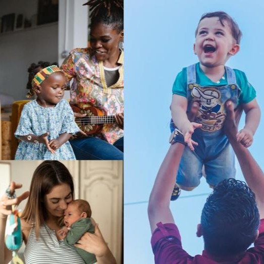 Photograph collage showing diverse family moments: a person playing a guitar with a child, a person lifting a toddler in the air, and a person holding a baby