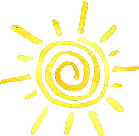 Watercolor illustration of a bright yellow sun with a spiral center and radiating rays. The simple, hand-painted style uses varying shades of yellow to create a warm, cheerful effect.