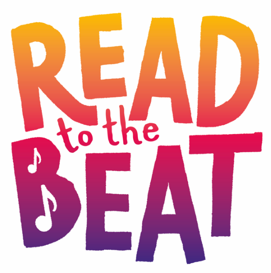 Colourful graphic text design with words "READ to the BEAT" in large, bold letters transitioning from orange to purple. Musical notes are integrated into the letter "B," emphasizing a theme combining reading and music.