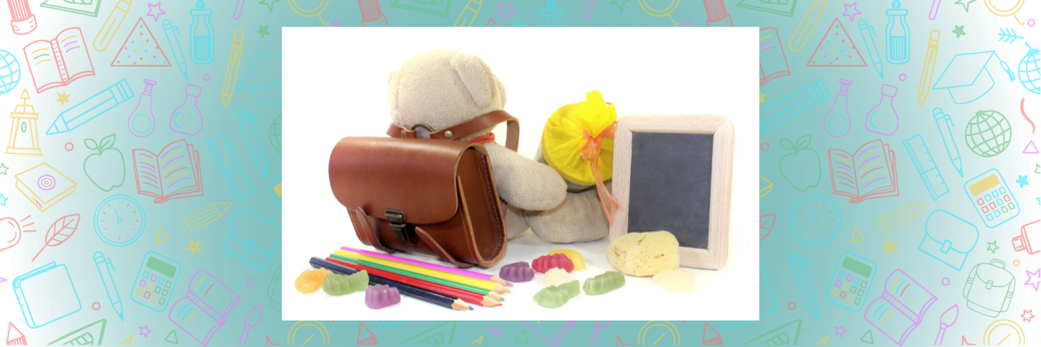 Teddy bear, satchel and school kit