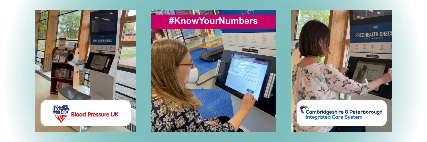 Three images of people using our Health Kiosks, along with the Blood Pressure UK logo and the Cambridgeshire and Peterborough Integrated Care logo