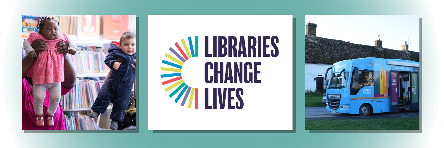 Image shows three pictures, the first is of a baby rhymetime where two infants are being lifted above their mother's heads, the second is of our blue Cambridgeshire Libraries mobile library, and the third is of the 'Libraries Change Lives' logo