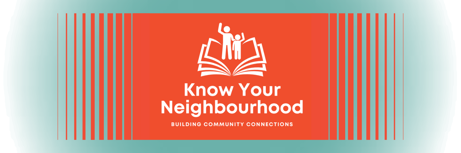 Image of the Know Your Neighbourhood logo, a parent and child icon waving standing on an open book.