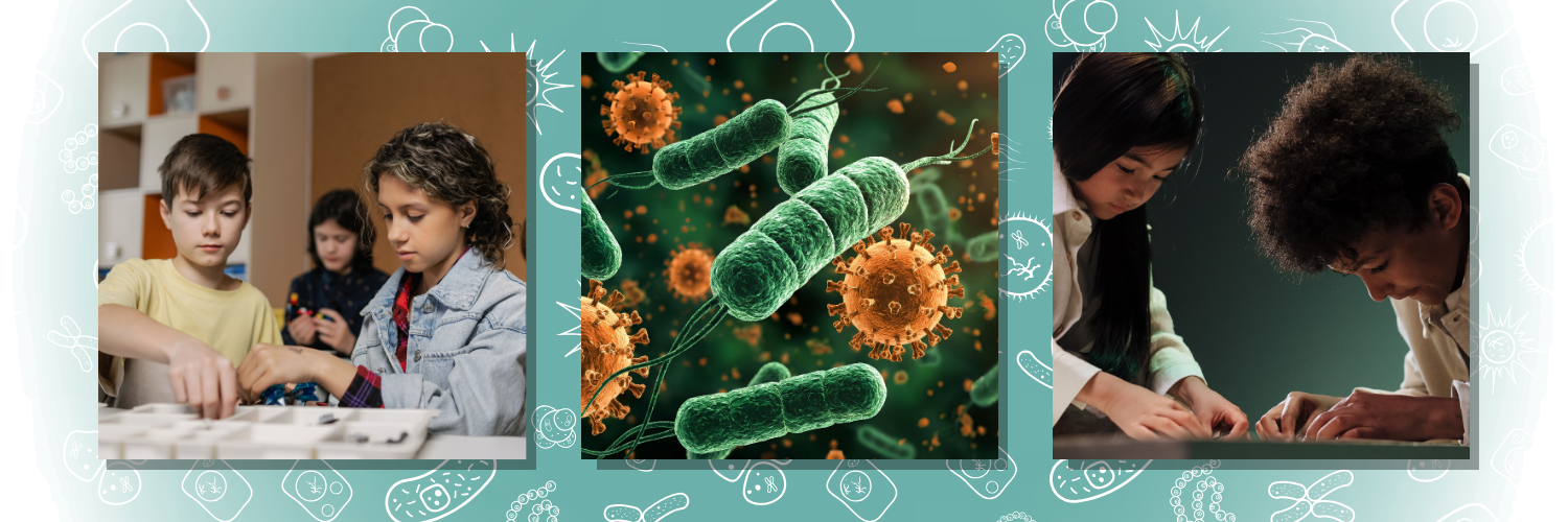Picture shows three images, one shows two young boys looking at a Petri dish, the second shows a close up of bacteria, the third shows a young girl and a young boy looking at something on a table.