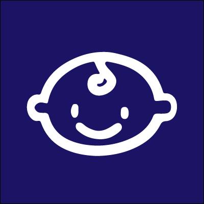 A white logo of a smiling child's face on a blue background