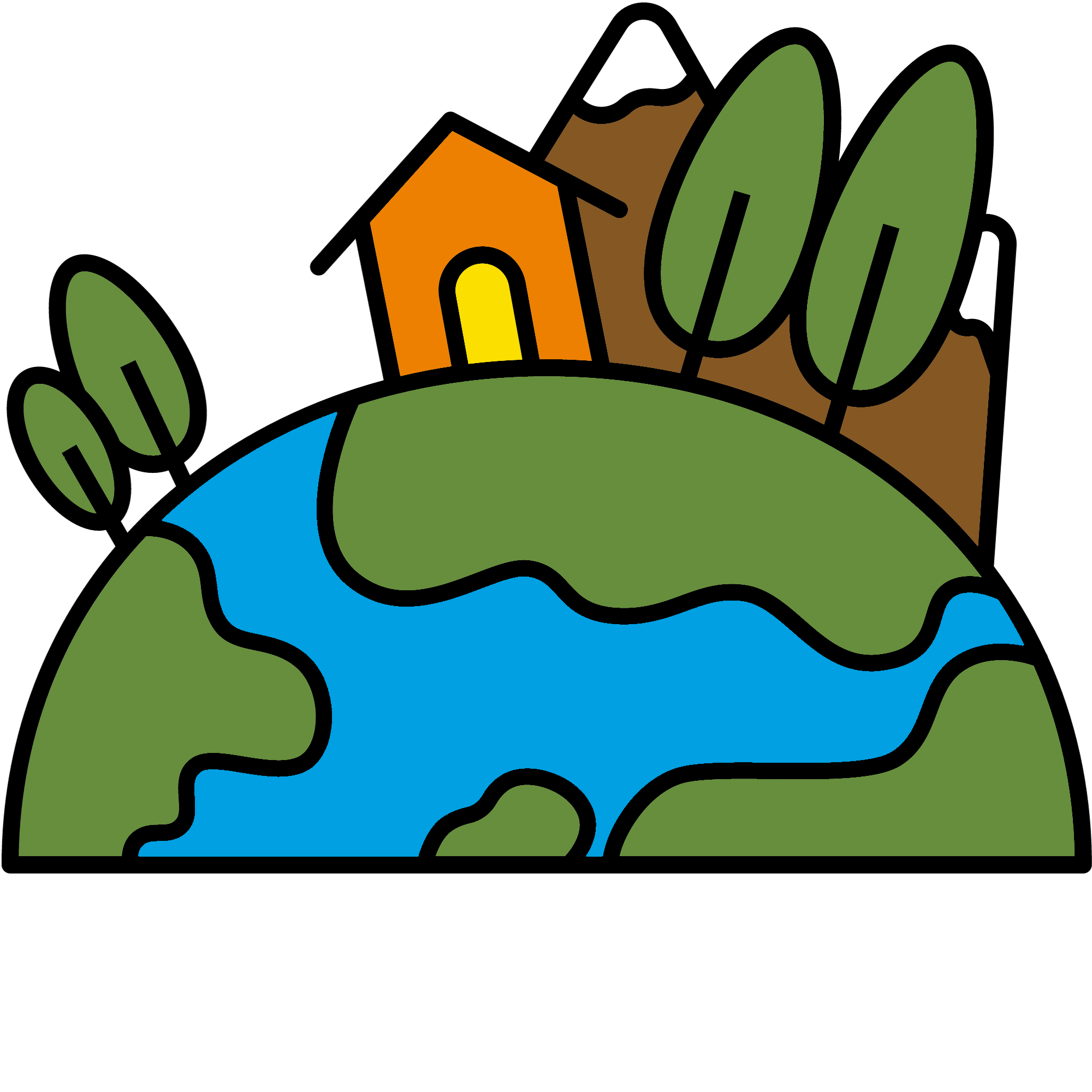 A cartoon of a house on a planet