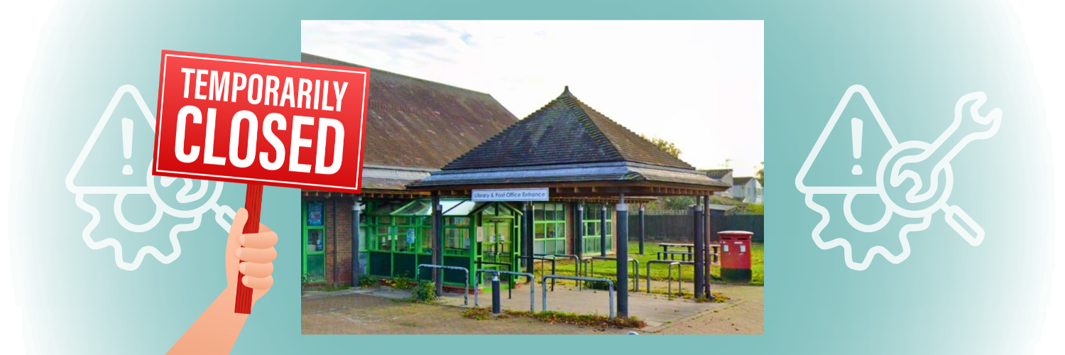 Image of Bar Hill Library with a hand holding a 'Temporarily Closed' sign