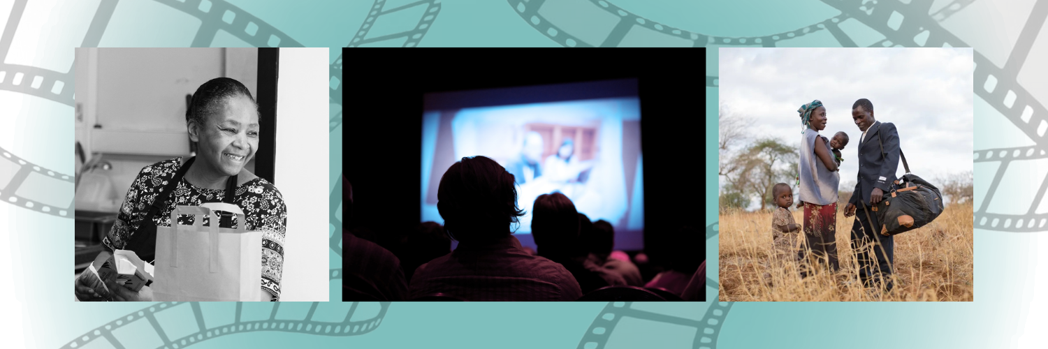 Three images, two show a snapshot of each film listed below, the other shows two people watching a film on a large screen in a dark room