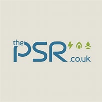 Logo design featuring the text "the PSR.co.uk" in blue with three green icons above: a lightning bolt, a leaf, and a water droplet.
