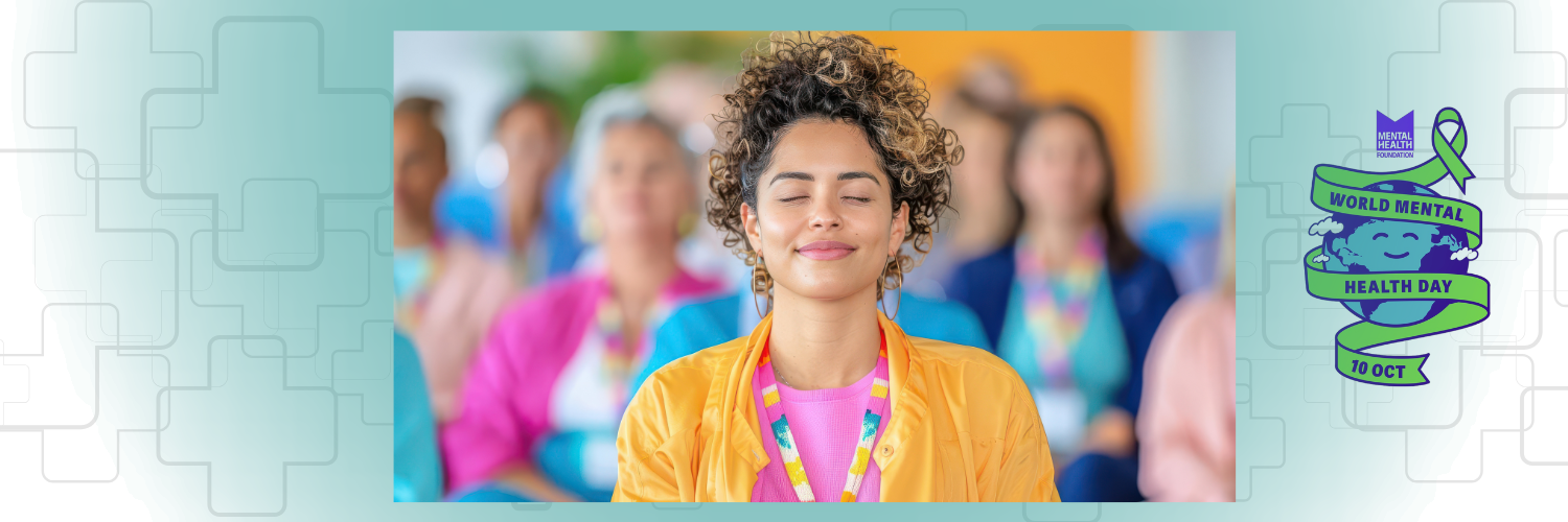 A person meditating and the World Mental Health Day logo
