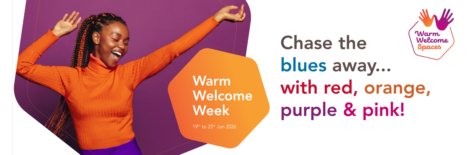 Image of a lady dancing and happy, wearing orange and purple with the text 'Warm Welcome Week 19th-25th January 2026 Chase the blues away...with red, orange, purple and pink!'