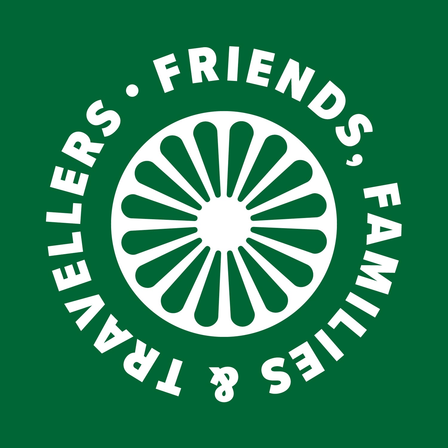 Logo design featuring a white circular emblem with a stylized wheel at centre, surrounded by text "FRIENDS, FAMILIES & TRAVELLERS" in uppercase letters forming a circle on dark green background.
