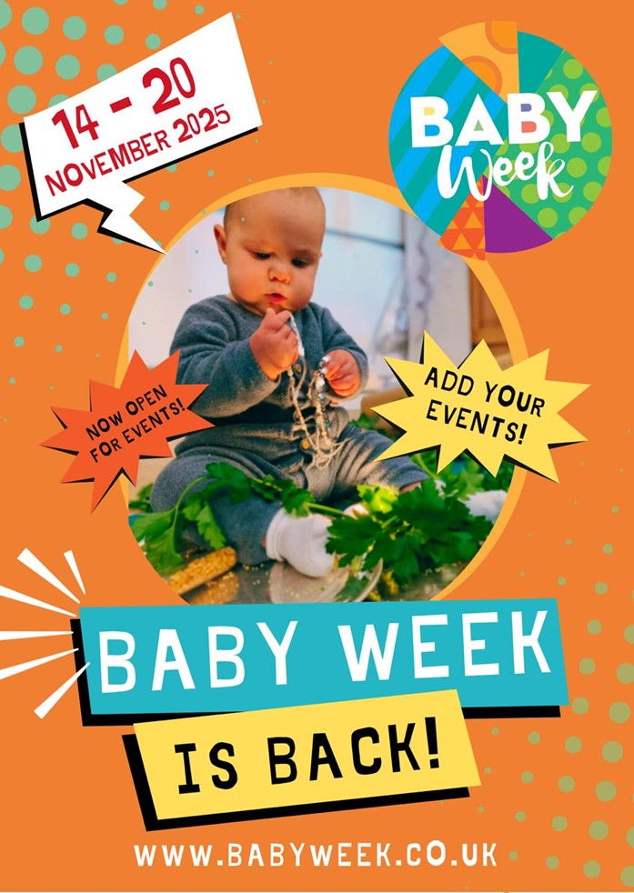 Baby Week poster featuring a baby looking at objects on a table