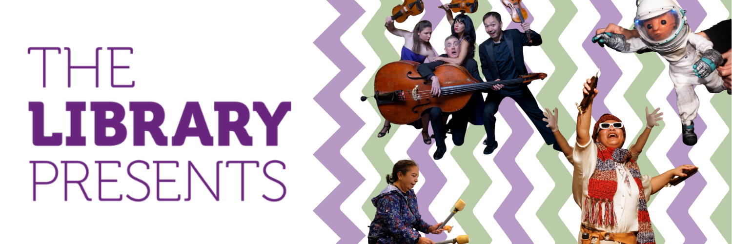 Image shows the Library Presents logo along with various cut out images of different artists for this season.