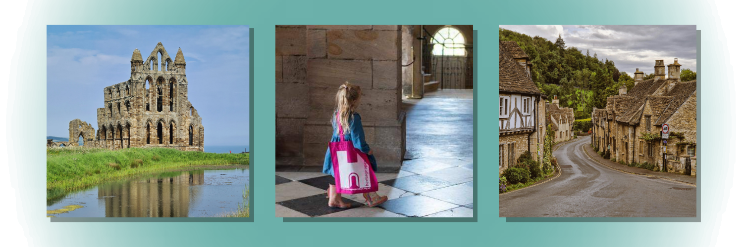 Image shows three photos, one shows Whitby Abbey, the second shows a young girl walking through an old building holding a bag with the Heritage Open Day's 'H' logo on the front, the third shows an old medieval village in Castle Combe