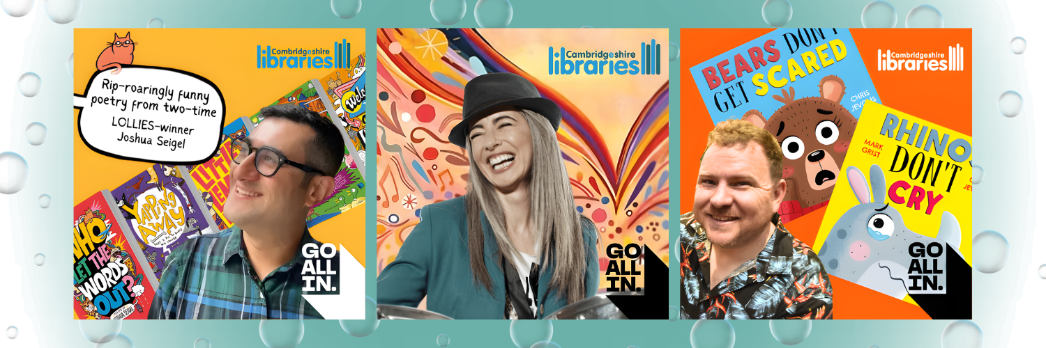 Images shows three pictures of each author in front of the covers of the books they will read.